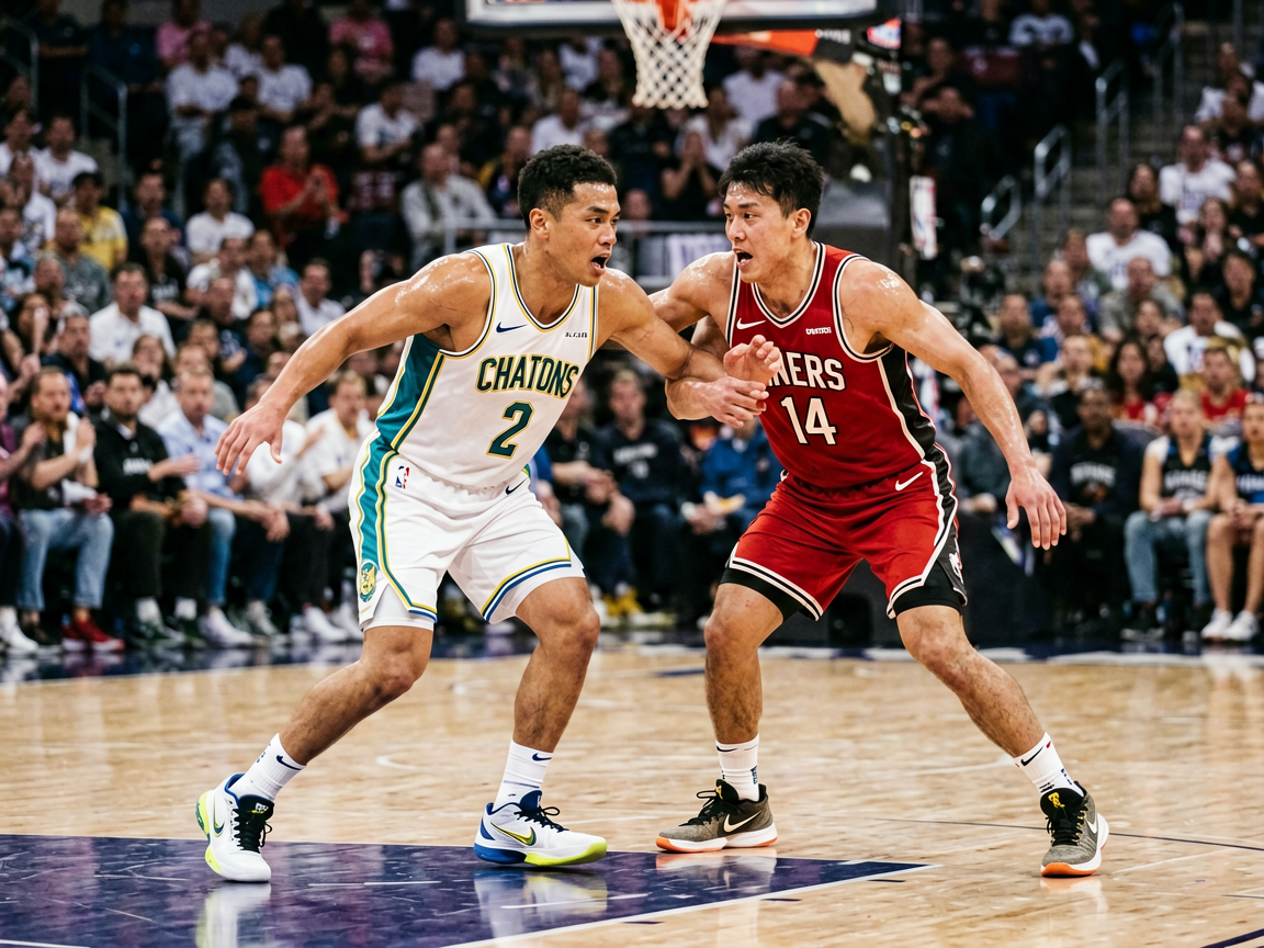 NBA常规赛前瞻，球员在球场上激烈对抗的场景